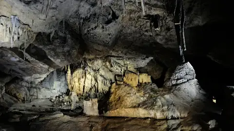 Druipsteenformaties in een verlichte zaal van de Grotten van Han