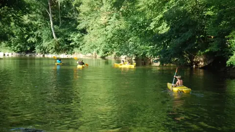 Kajakkers op de Ourthe tussen Durbuy en Barvaux, tussen de groene oevers