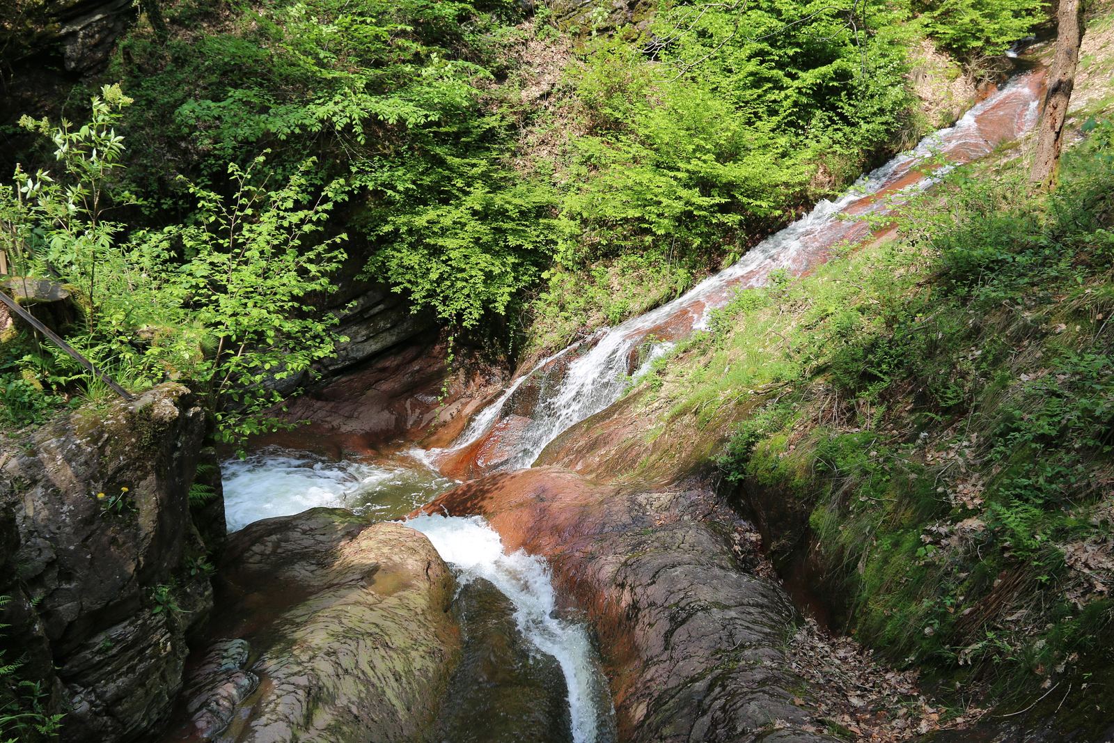 Het water van de Ninglinspo kronkelt over roodbruine rotsen in het bos