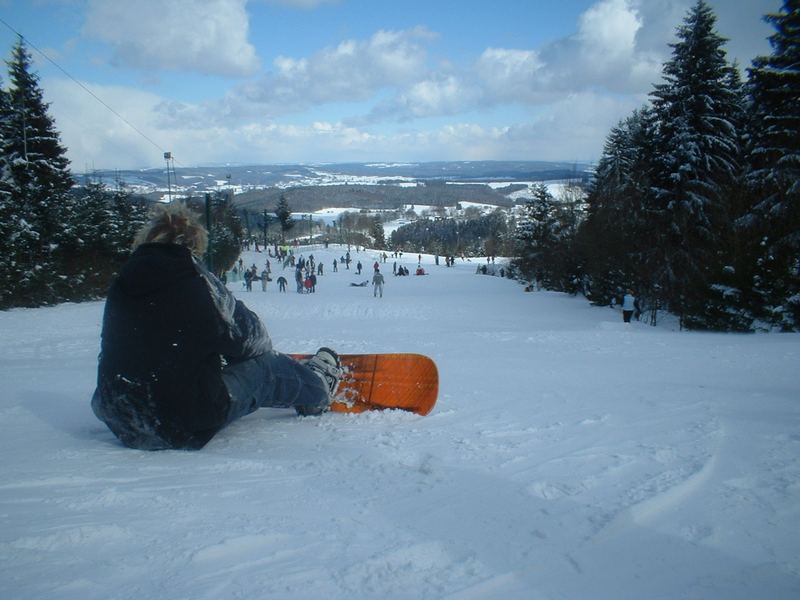 Snowboarder op de besneeuwde skipiste van de Baraque de Fraiture, tussen de sparren